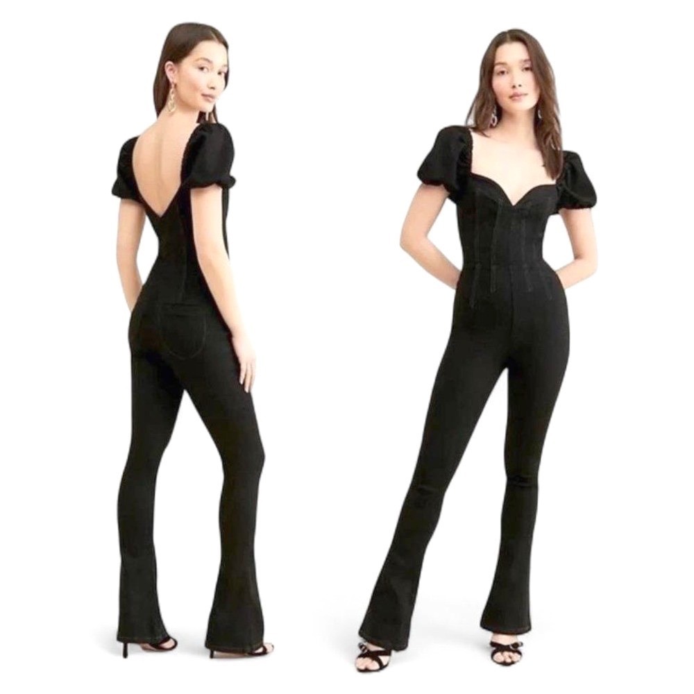 Free People Moondance Stretch Black Denim Sweetheart Puff Sleeve‎ Jumpsuit M